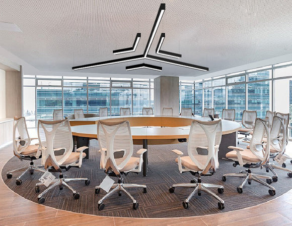 Y-shape suspended architectural LED linear light installed on ceiling, modern conference room lighting solution using LED strip light