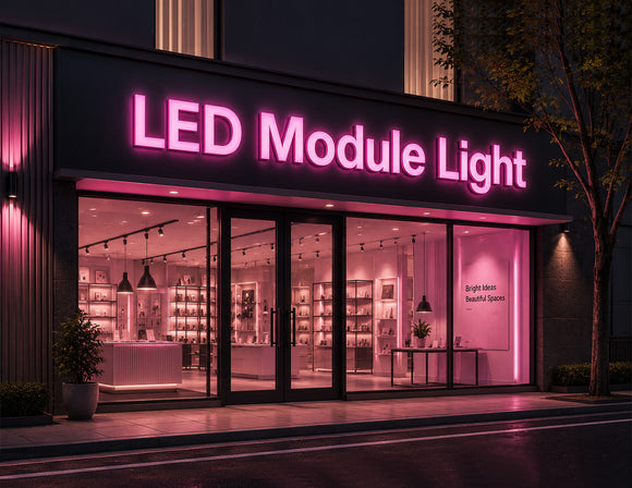 Commercial storefront illuminated with LED Module Light - Pink, delivering uniform channel letter lighting and enhanced brand visibility for architectural facade applications.