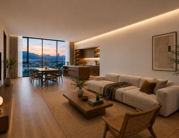CORNER WALL WASHER - GLQ 9758 Aluminum Channel creating seamless wall wash lighting in an open-plan living room, delivering uniform indirect illumination for modern residential architectural lighting applications.