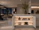 Modern luxury kitchen featuring GL LED US LIGHTING Right/Left Door Control Sensor-Integrated for Under Cabinet Light installed inside white base cabinet with automatic warm LED illumination for architectural cabinet lighting applications