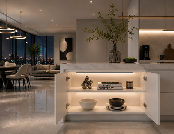 Modern luxury kitchen featuring GL LED US LIGHTING Right/Left Door Control Sensor-Integrated for Under Cabinet Light installed inside white base cabinet with automatic warm LED illumination for architectural cabinet lighting applications