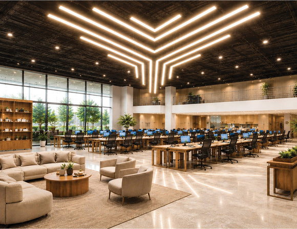 GL LED US LIGHTING L8070 LED Linear Light with Milky Flat Lens and 120° L Shape connectors creating a suspended geometric lighting design across a large open office workspace.