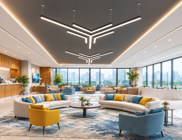 GL LED US LIGHTING L8070 Y Shape LED Linear Light forming a suspended geometric lighting design above a spacious modern corporate office lounge.