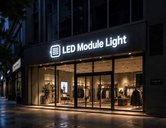 Retail storefront signage illuminated with LED 4LED Module - 11000K, featuring bright cool white light output for channel letters and commercial facade branding applications.