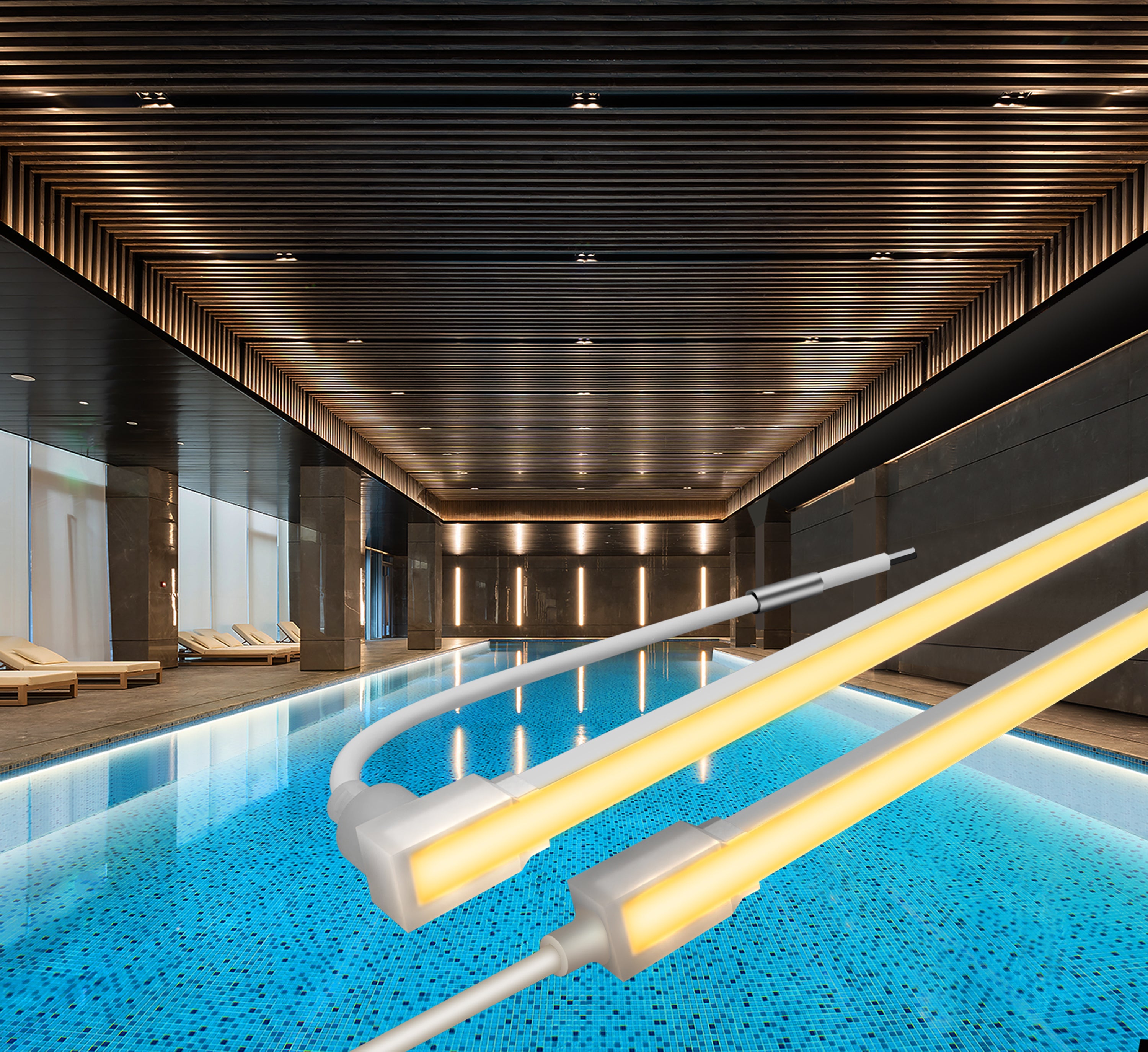 Flexible LED strip light for pool lighting, IP68 waterproof, chlorine-resistant, and UL listed for underwater installations. 