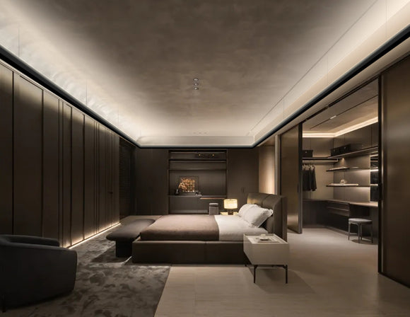 LED linear light L8070 L-shape ceiling up light creating soft indirect architectural lighting on the ceiling in a modern bedroom interior