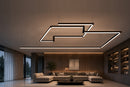 GL LED US LIGHTING LED Linear Light with non-illuminated Z Shape connectors creating a suspended geometric lighting design in a modern commercial lounge.