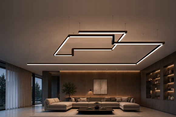 GL LED US LIGHTING LED Linear Light with non-illuminated Z Shape connectors creating a suspended geometric lighting design in a modern commercial lounge.