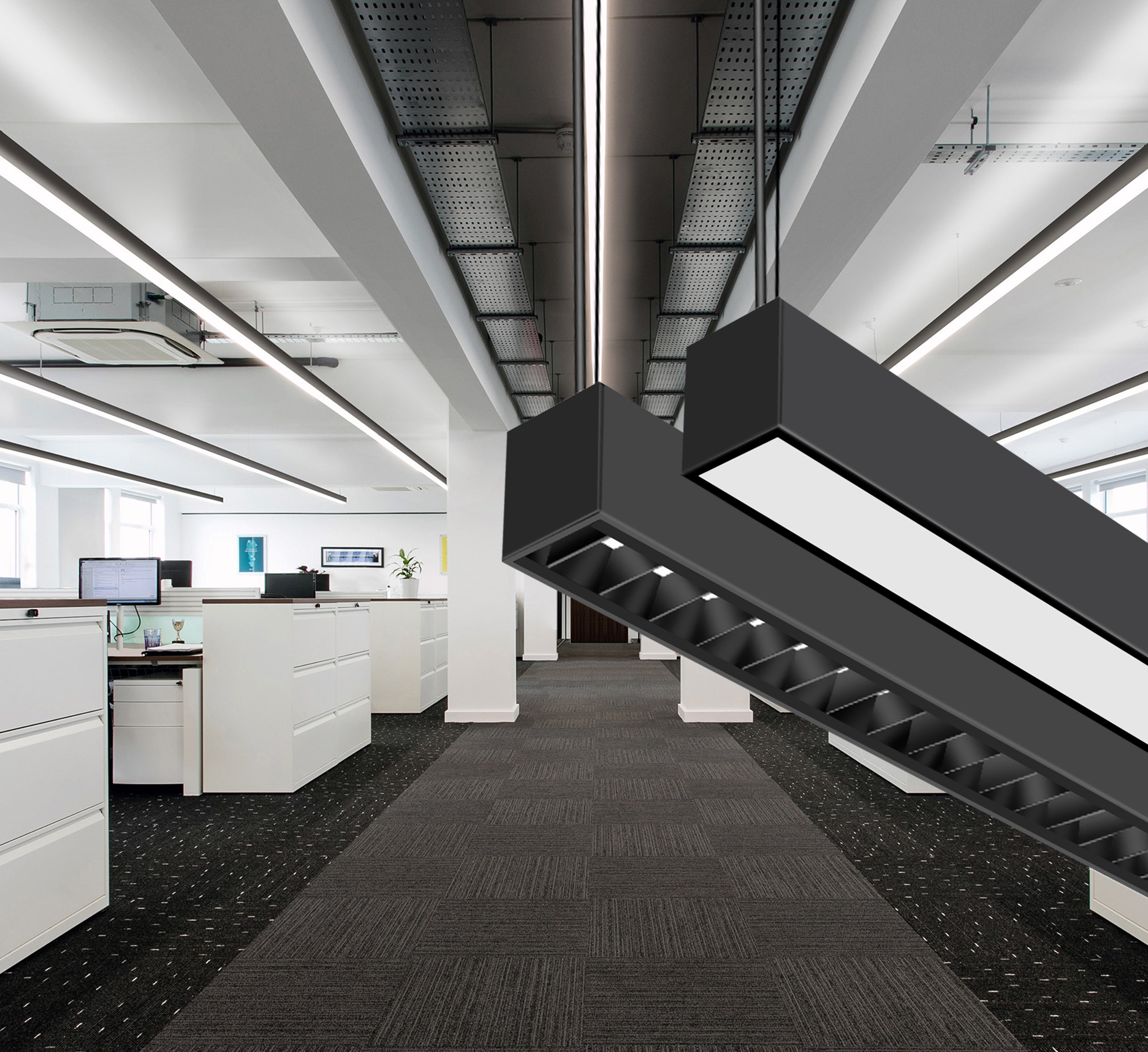 LED linear light with parabolic lens and acoustic housing, featuring L-shaped and T-shaped modular design for architectural lighting projects.