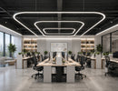 GL LED US LIGHTING LED Linear Light with 1/4 Circle R24 connectors forming suspended rounded rectangular lighting above workstations in a modern open office.