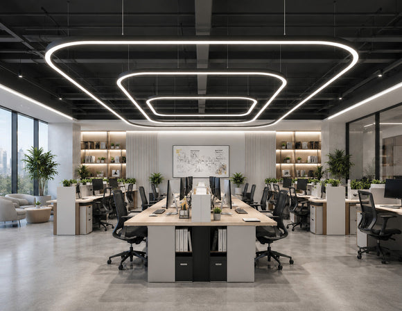 GL LED US LIGHTING LED Linear Light with 1/4 Circle R24 connectors forming suspended rounded rectangular lighting above workstations in a modern open office.