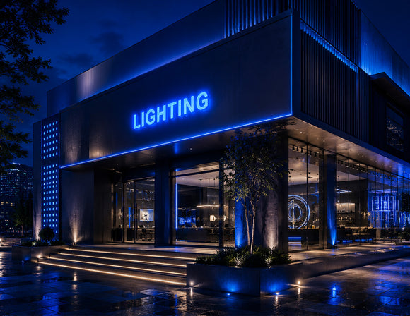 Modern commercial building illuminated by LED Mini Module - Blue, featuring blue signage lighting, architectural facade accents, and contemporary retail branding applications.