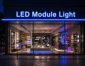 LED Mini Module - Blue illuminated storefront signage and showroom display lighting, creating a modern commercial lighting experience with vibrant blue architectural accents.