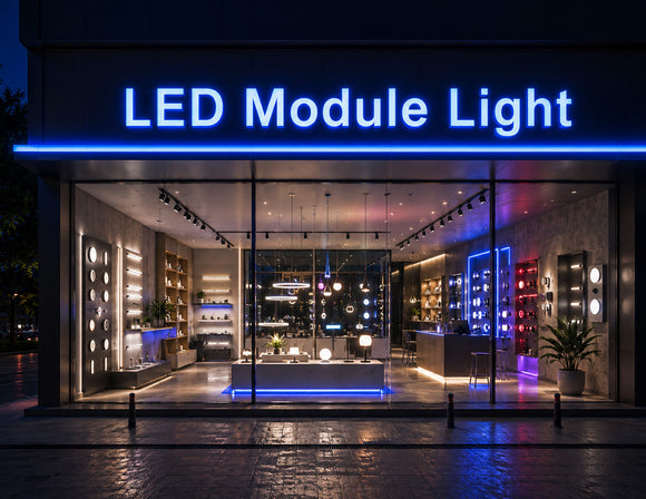 LED Mini Module - Blue illuminated storefront signage and showroom display lighting, creating a modern commercial lighting experience with vibrant blue architectural accents.