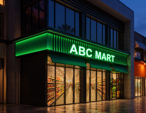 Retail storefront illuminated by LED Mini Module - Green, featuring bright green channel letter signage and commercial branding lighting for modern retail environments.