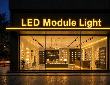 LED Mini Module - Yellow illuminated storefront signage and lighting showroom display, featuring warm yellow channel letter lighting for commercial branding applications.