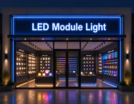 LED Module Light - Blue illuminated commercial storefront signage with uniform blue lightbox lighting for retail stores and architectural facade applications by GL LED US LIGHTING