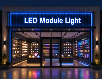 LED Module Light - Blue illuminated commercial storefront signage with uniform blue lightbox lighting for retail stores and architectural facade applications by GL LED US LIGHTING