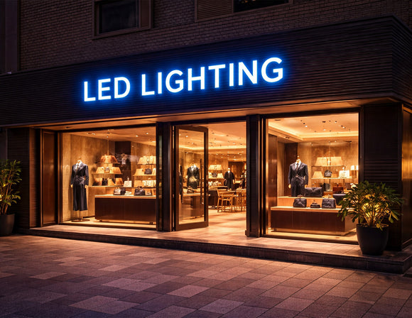 LED Module Light illuminated boutique storefront signage with blue backlit lightbox, applied in modern retail architectural lighting design