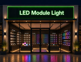 LED Module Light - Green illuminated commercial storefront signage with uniform green lightbox lighting for retail stores and architectural facade applications by GL LED US LIGHTING