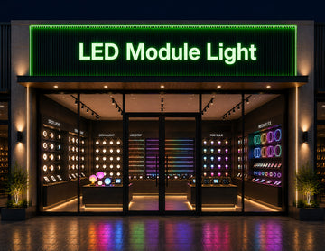 LED Module Light - Green illuminated commercial storefront signage with uniform green lightbox lighting for retail stores and architectural facade applications by GL LED US LIGHTING