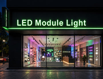 LED Module Light - LED Mini Module - Green illuminating large channel letter signage on a modern lighting showroom storefront, providing bright and uniform commercial signage lighting.