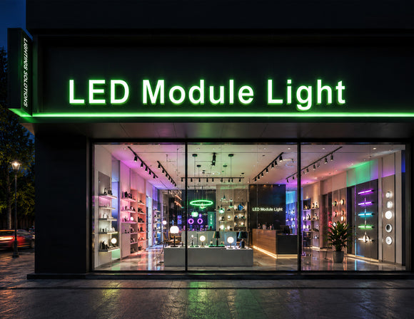 LED Module Light - LED Mini Module - Green illuminating large channel letter signage on a modern lighting showroom storefront, providing bright and uniform commercial signage lighting.