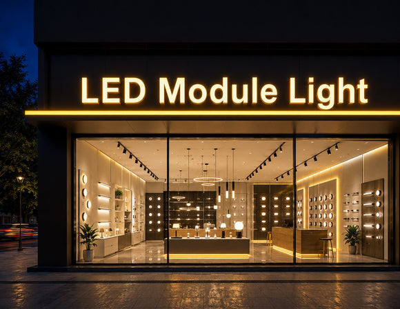 LED Module Light - LED Mini Module - Yellow illuminating channel letter signage on a modern lighting showroom storefront with bright and uniform commercial branding illumination.