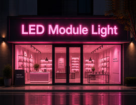 Modern storefront featuring LED Module Light - Pink illuminated channel letter signage, creating a vibrant architectural lighting effect for commercial branding and retail facade applications.