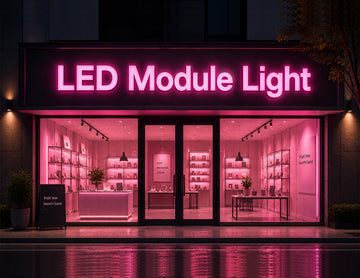 Modern storefront featuring LED Module Light - Pink illuminated channel letter signage, creating a vibrant architectural lighting effect for commercial branding and retail facade applications.