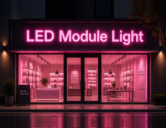 Modern storefront featuring LED Module Light - Pink illuminated channel letter signage, creating a vibrant architectural lighting effect for commercial branding and retail facade applications.
