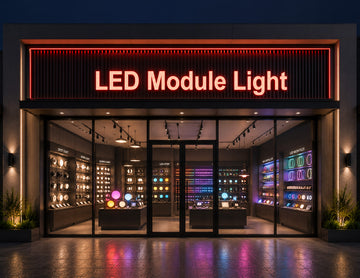 LED Module Light - Red illuminated commercial storefront signage with uniform red lightbox lighting for retail and architectural facade applications by GL LED US LIGHTING