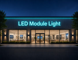 Commercial storefront channel letter sign illuminated by LED Module Light - Turquoise with uniform turquoise lighting for architectural signage and retail branding applications.