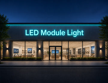 Commercial storefront channel letter sign illuminated by LED Module Light - Turquoise with uniform turquoise lighting for architectural signage and retail branding applications.