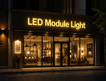 Commercial storefront illuminated with LED Module Light - Yellow channel letter signage, creating a warm and highly visible architectural lighting effect for retail and business facade applications.