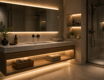 Modern bathroom vanity illuminated with GL LED US LIGHTING LED Strip Light - COBCC3 White - IP67, providing seamless dot-free 3500K warm white illumination around the mirror, under the floating cabinet, and inside recessed wall niches. The IP67 waterproof COB LED Strip Light delivers uniform architectural lighting performance for humid bathroom environments, creating a clean, premium spa-like atmosphere ideal for residential and hospitality projects.