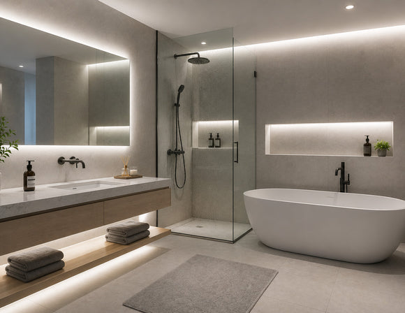 Luxury modern bathroom illuminated with GL LED US LIGHTING LED Strip Light - COBCC3 White - IP67, featuring seamless 4000K neutral white lighting behind the vanity mirror, beneath the floating cabinet, inside shower niches, and around the ceiling perimeter. The waterproof COB LED Strip Light delivers smooth dot-free architectural illumination for humid bathroom environments, creating a clean, elegant spa-inspired atmosphere for residential and hospitality lighting projects.