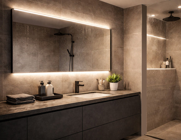 IP65 LED strip light integrated behind bathroom mirror and vanity, providing warm 2700K linear illumination for sink area and wet zones, ensuring safe and reliable lighting in humid shower environments.