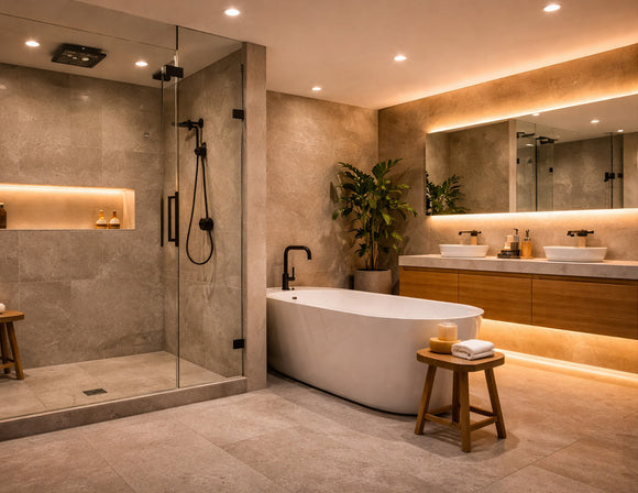 IP65 LED strip light integrated behind bathroom mirror, under floating vanity, and inside shower niche, providing warm 2700K linear lighting for wet and humid environments with safe and reliable performance.