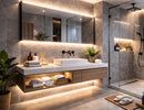 IP65 LED strip light integrated behind bathroom mirror, under floating vanity, and inside shower niche, providing warm 2700K linear lighting for wet and humid environments with safe and reliable performance.