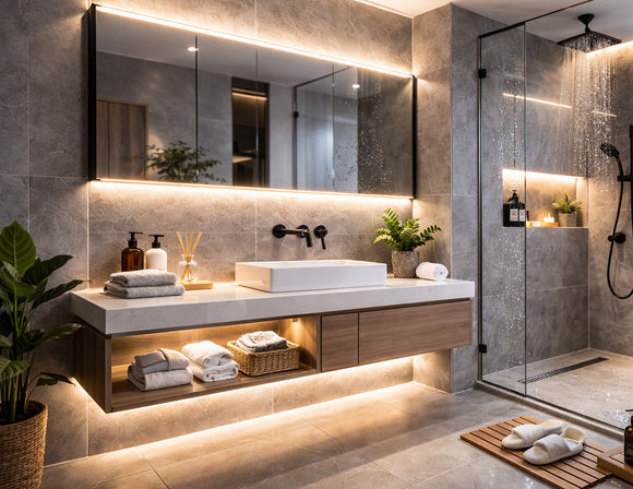 IP65 LED strip light integrated behind bathroom mirror, under floating vanity, and inside shower niche, providing warm 2700K linear lighting for wet and humid environments with safe and reliable performance.
