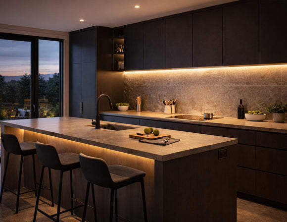 IP65 LED strip light installed under kitchen cabinets and island, delivering warm linear lighting for countertop tasks and ambient illumination, suitable for modern residential kitchen environments.
