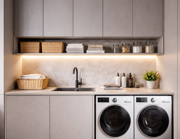 IP65 LED strip light installed under cabinet shelves in a modern laundry room, providing warm 3200K linear illumination for countertop workspace, enhancing visibility, safety, and architectural lighting aesthetics in moisture-prone environments.