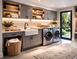 IP65 LED strip light installed under cabinets and inside shelves in a modern laundry room, providing warm linear lighting for countertop workspace and storage areas in a moisture-prone environment.