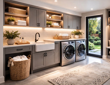 IP65 LED strip light installed under cabinets and inside shelves in a modern laundry room, providing warm linear lighting for countertop workspace and storage areas in a moisture-prone environment.