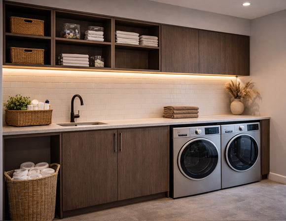 IP65 LED strip light installed under laundry room cabinets and open shelves, providing warm 2700K linear lighting for countertop workspace and storage areas in moisture-prone environments.