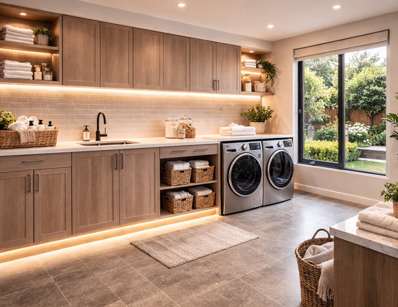 IP65 LED strip light installed under cabinets and toe kick in a modern laundry room, providing warm 3000K linear lighting for workspace and floor-level ambient illumination in a moisture-prone environment.