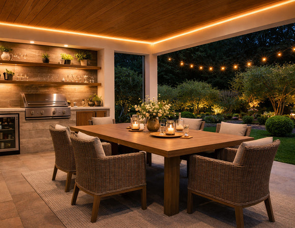 IP65 LED strip light installed in outdoor covered patio ceiling cove, providing warm 2700K linear lighting for dining area with safe and reliable performance in semi-exposed environments.