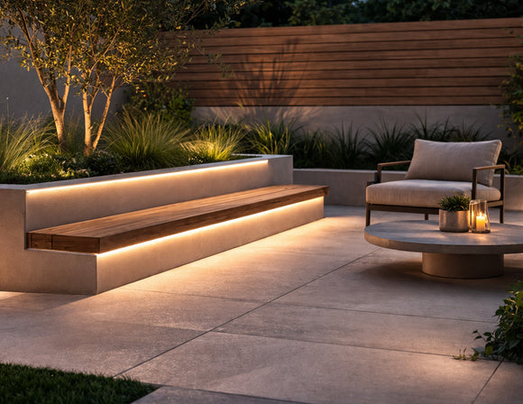 IP65 LED strip light installed under outdoor bench and along garden seat wall, providing warm 3000K linear lighting for patio seating and landscape architectural illumination.