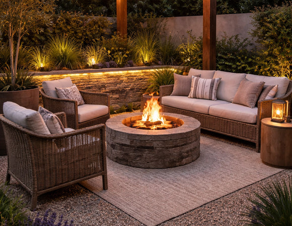 IP65 LED strip light installed along outdoor garden seat wall behind fire pit area, providing warm 2700K linear lighting for patio ambiance and architectural landscape illumination.